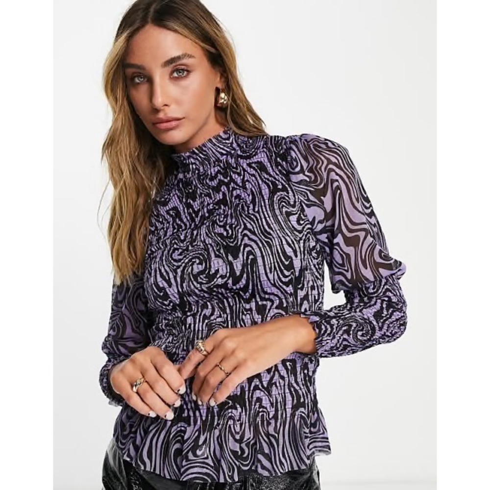 River Island‎ Purple Swirl Print Shirred Mesh Mock Neck Top - Size 12